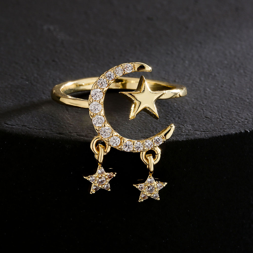 fashion geometric copper 18K gold zircon star moon geometric open ring