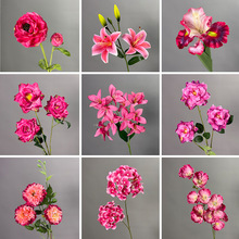 玫红色仿真花婚庆用花玫瑰花蝴蝶兰绣球百合假花玫红色仿真花批发