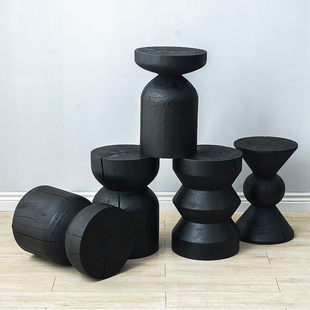 Wabi-Sabi Style Solid Wood Stool Carbonized Black Solid Wood Pile Ornament Homestay Bedside Table Round Stool Corner Coffee Table Shoe-Changing Stool