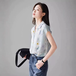2026夏季新款印花桑蚕丝小飞袖衬衫女上衣时尚衬衣设计感
