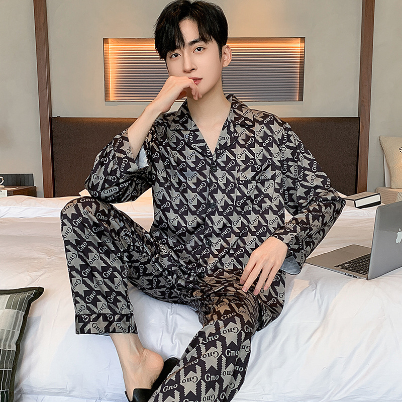 (2개) 봄, 가을 남성용 잠옷, 아이스 실크 긴팔 바지, 남성용 가을 가디건, 심플한 캐주얼 라펠 홈웨어 슈트