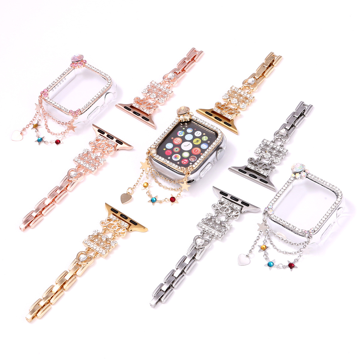 流苏桃心字母镶钻金属表带适用苹果Apple手表带iwatch56789SE表壳