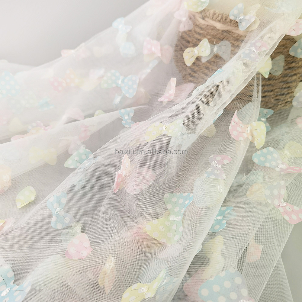 可爱风格网纱3D绣片蝴蝶结网布 卡通网布绣花面料 新款糖果色