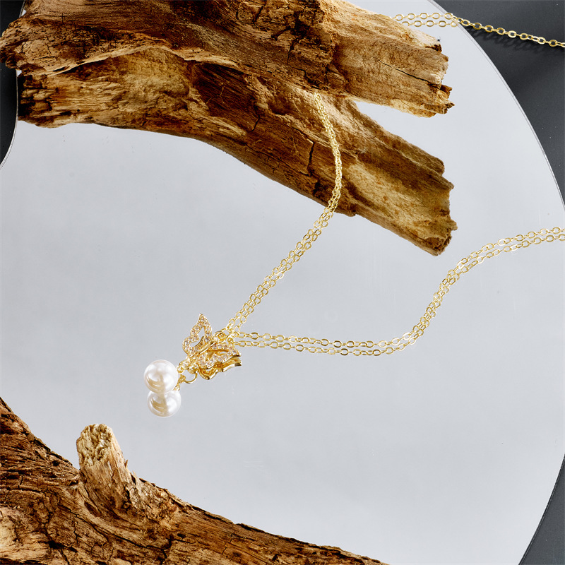 fashion 14k gold simple pearl butterfly zircon copper necklace