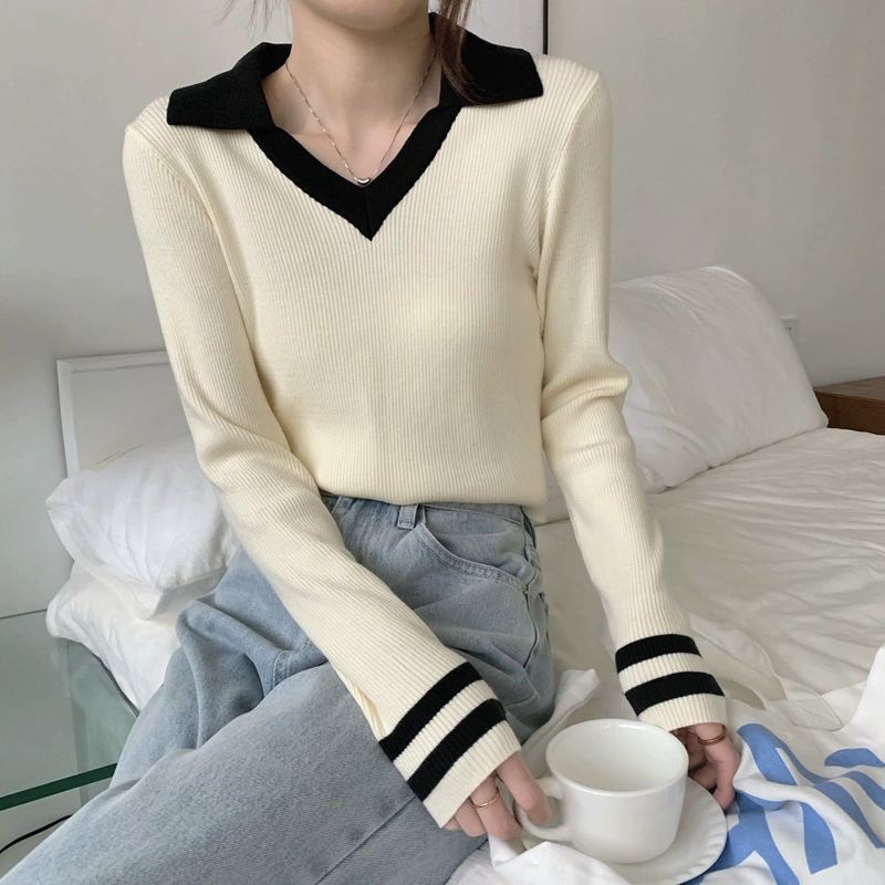 Демисезонный брендовый вязаный облегающий свитер, Slim fit, воротник поло