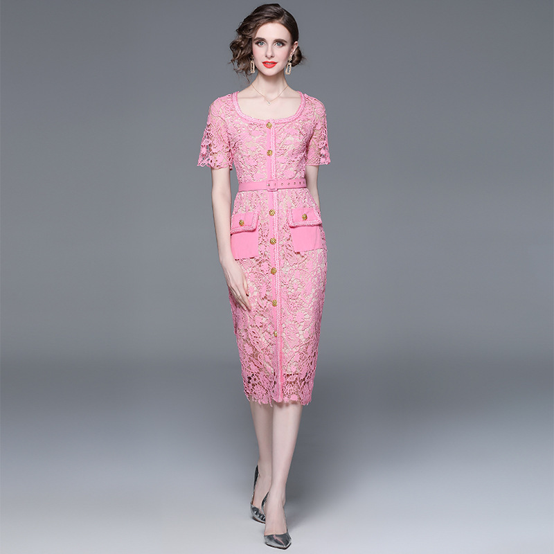 2023 Summer socialite elegant pink hollow lace stitching waist slimming hip square collar mid-length dress