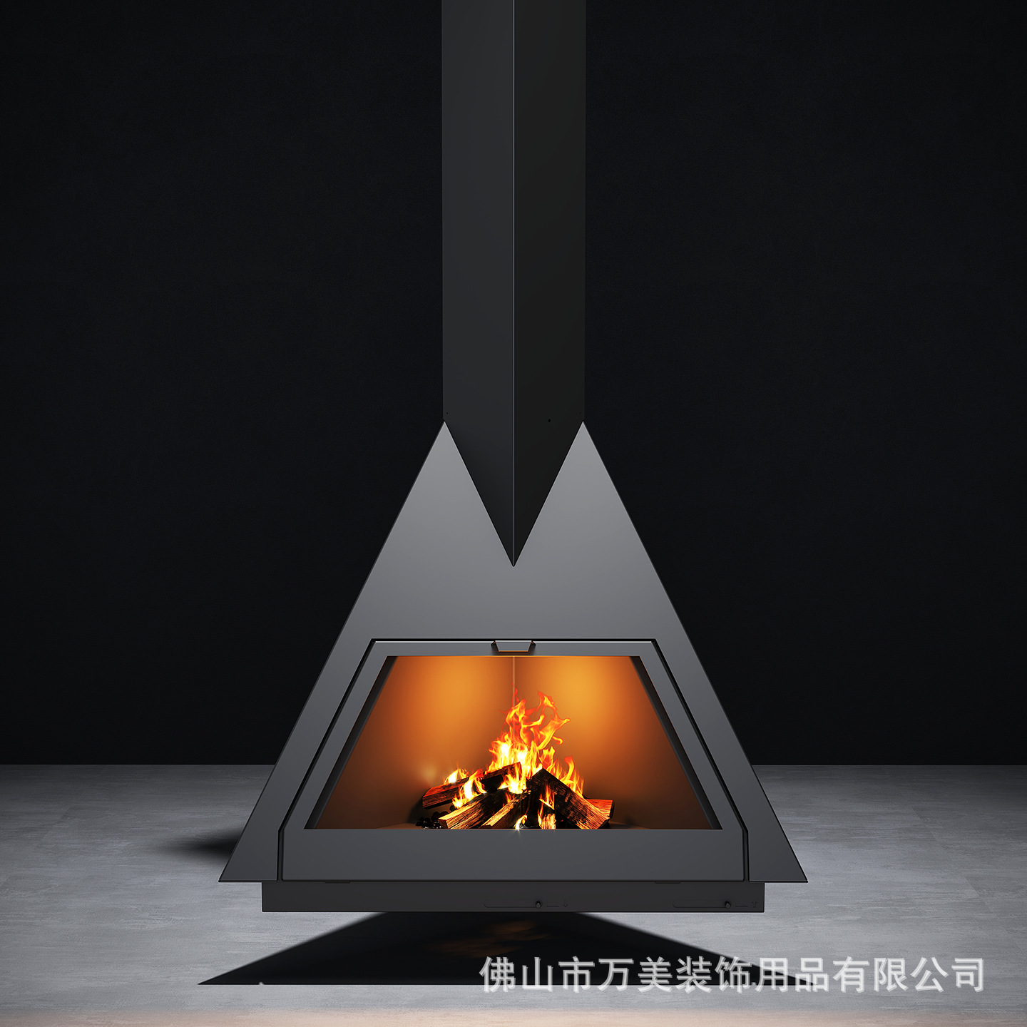 Business space triangular hanging wood-burning fireplace suspended fire viewing design for club and showroom decoration
