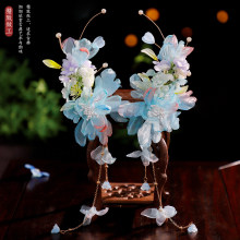 汉服甜美古装造型百搭发饰古风绢纱花朵发饰清新浅蓝色长流苏发夹