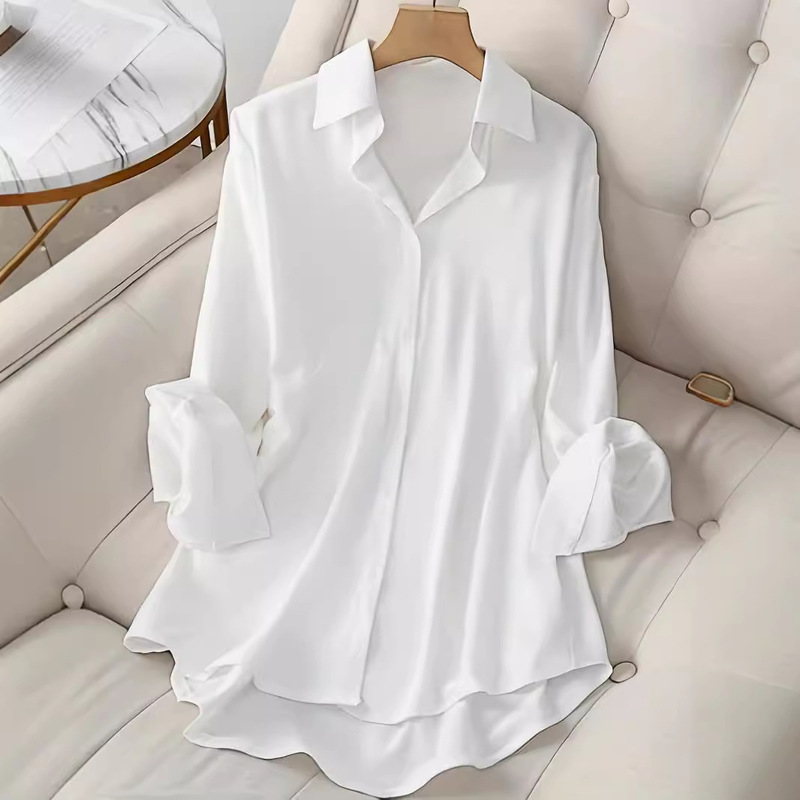 2024 Amazon Foreign Trade European and American Plus-Size Women's Clothing Lapel Single-Breasted Solid Color Long-Sleeved Women's Shirt Loose Fit