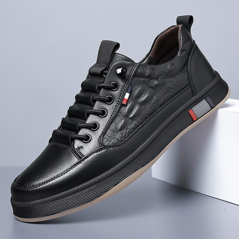 Giày sneaker nam cổ thấp da bò hai lớp, đế bằng, dây buộc phía trước — PZ2389 màu trắng, PZ2389 màu đen