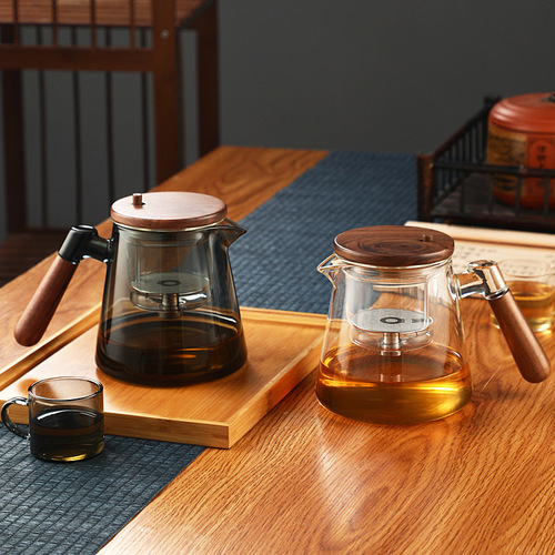 Elegant Glass Tea Pot with Walnut Wood Accents, Thick Glass Inner Chamber, Tea Separation Filter, Home Use Tea Set