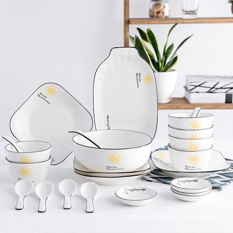 Dish Set for Home Use for 4 People Scandinavian Japanese Ceramic Tableware Set Simple and Creative Eating Bowls, Chopsticks, Plates, Soup Bowls