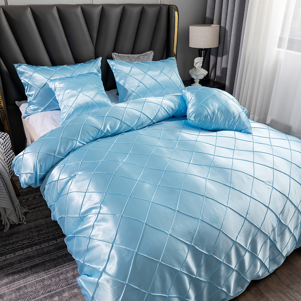 跨境wish亚马逊ebay家居冰丝绸缎色丁布枕套色丁方格三件套外贸