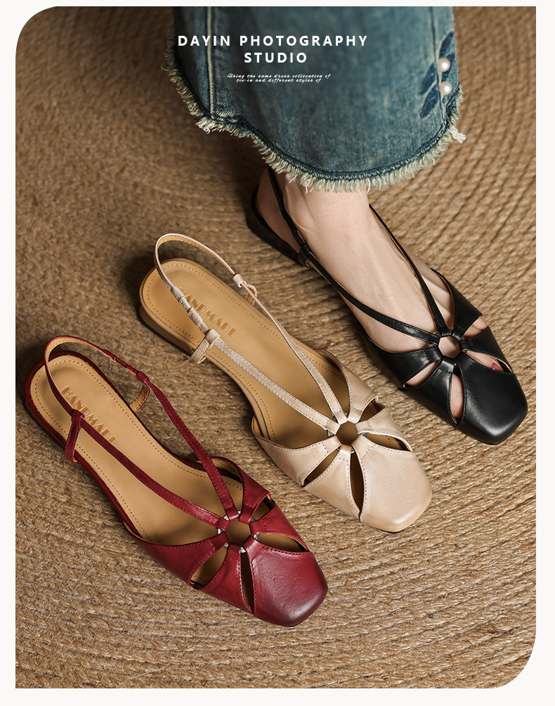 Sandal nữ quai ngang mũi nhọn phong cách vintage, gót thấp 3 cm — đen chi tiết 1