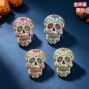 Original Day of the Dead Sugar Skull Brooch with Enamel and Diamond Inlay, Floral Design, Unique Gothic Style, Unisex Suit Decoration Pin
