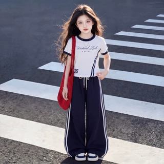 女童休闲装2026夏新款大童时髦洋气修身正肩短袖阔腿裤运动两件套