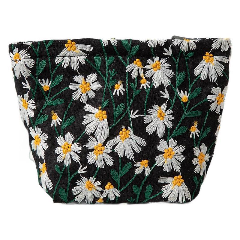 インスタイル大容量キャンバス化粧品バッグトイレタリーバッグスキンケア製品収納袋小さなデイジー刺繍ポータブルクラッチバッグ|undefined