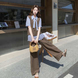 咖色复古法式松弛感马甲套装女2026夏季新款系带衬衫阔腿裤三件套