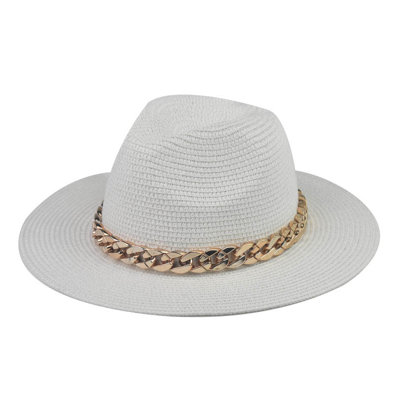 Comercio exterior transfronterizo Four Seasons Sombrero de paja de cadena grande de oro Cadena de sombrero de paja de Jazz de ala grande Sombrero de paja de tapa plana