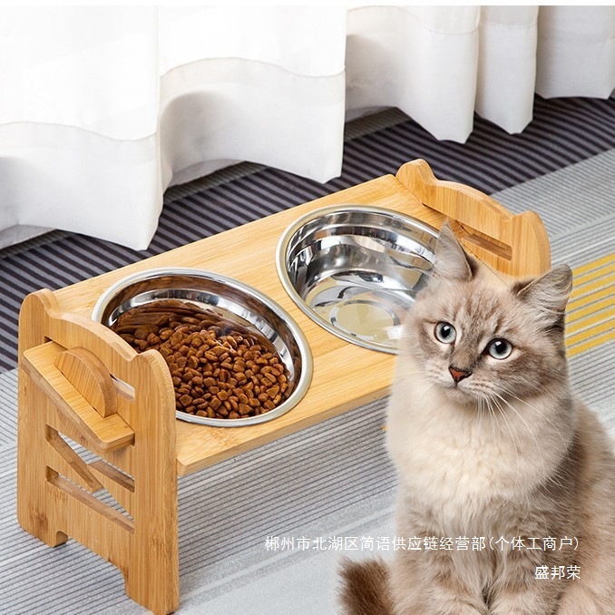 Fábrica directa de alimentación de botones de bambú para perros alimento para mascotas de madera doble bol soporte de alimentación de botones de acero inoxidable comida para mascotas