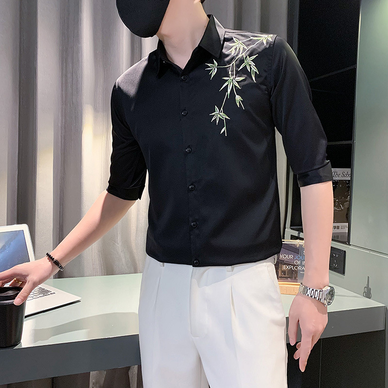 Men's Short-Sleeve Shirt with Three-Quarter Sleeves, Stylish Half-Sleeve Set, 2026 New Trendy Brand Embroidered Mid-Sleeve Design Men's Short-Sleeve Shirt with Three-Quarter Sleeves, Stylish Half-Sleeve Set, 2026 New Trendy Brand Embroidered Mid-Sleeve Design