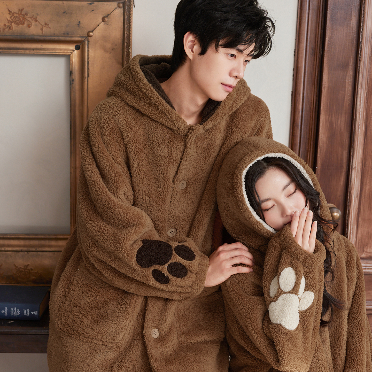 Coral Velvet Couple Pajamas Autumn and Winter Women's Cute Bear Hooded Thickeneded Mid-Length Men's Home Wear Winter