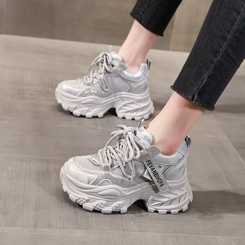 Giày sneaker nữ chunky đế dày tăng chiều cao đính đá rhinestone phong cách thể thao — Màu súng