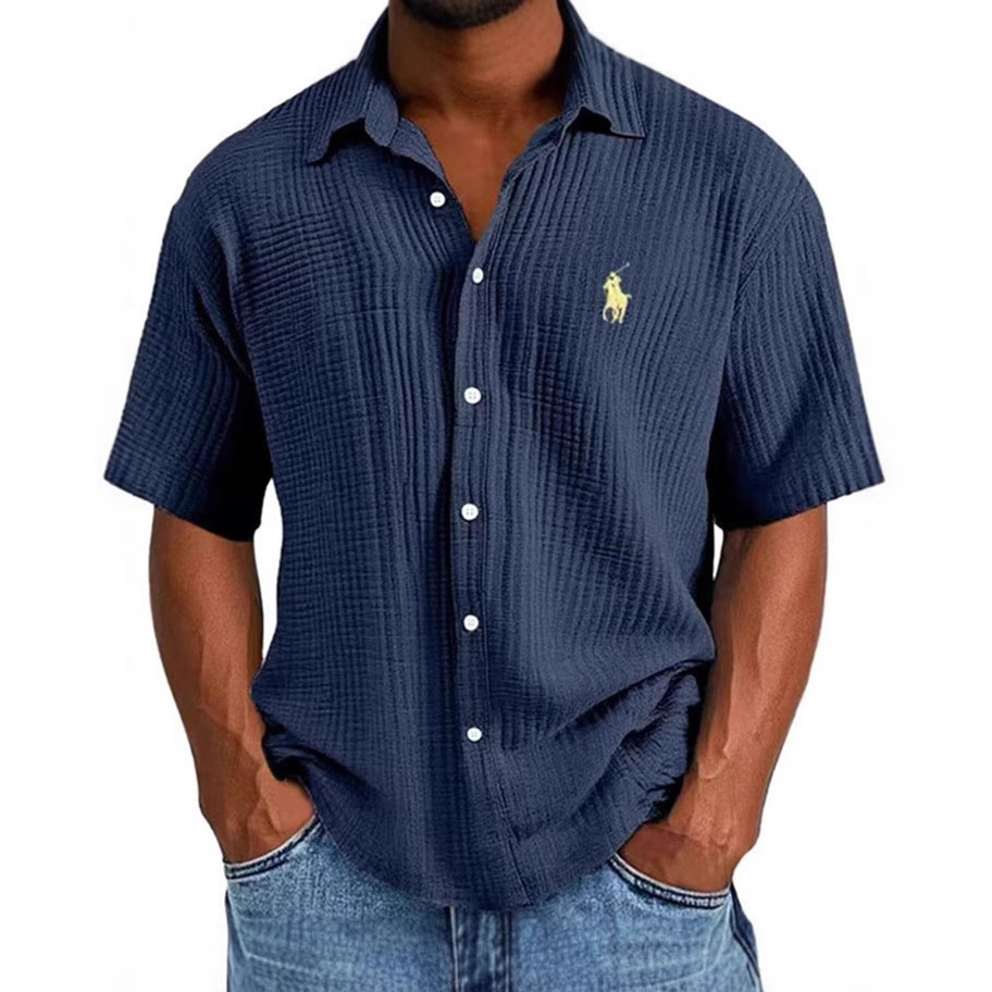 Tiktok Temu2025 New Cross-Border Large Size Embroidered Shirt Men's Loose Cotton Short-Sleeved Lapel Shirt