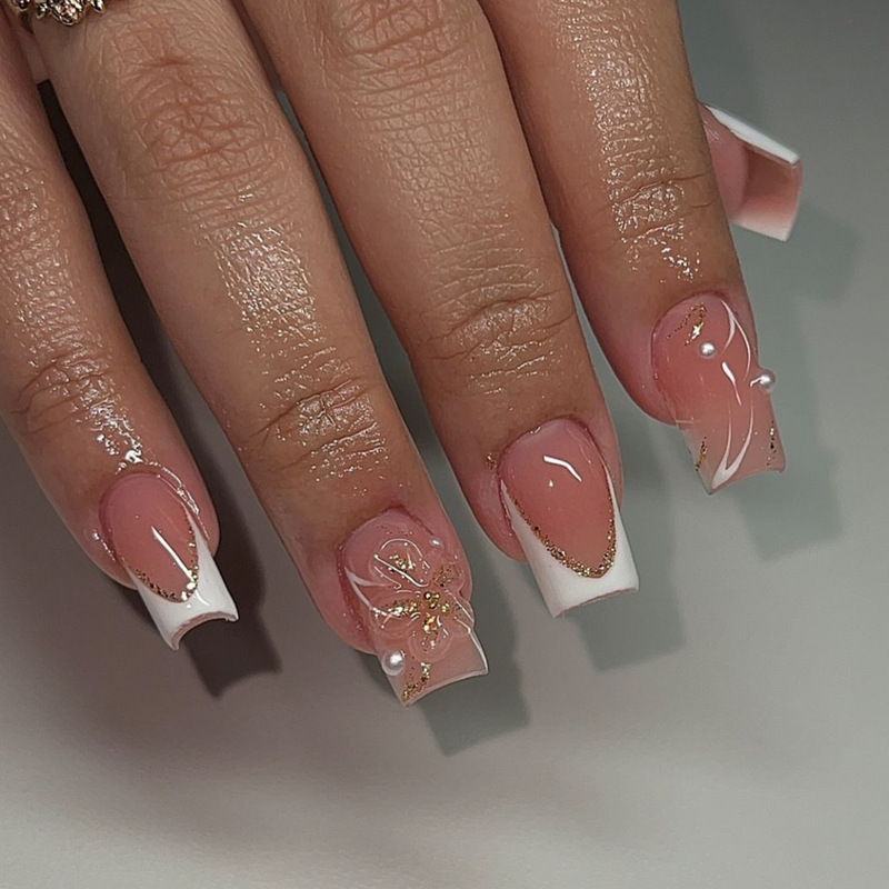 Cross-Border Hot-Selling Summer New Sweet Style Fake Nails with Pearl Decoration 24-Piece Square Short Nail Art Stickers