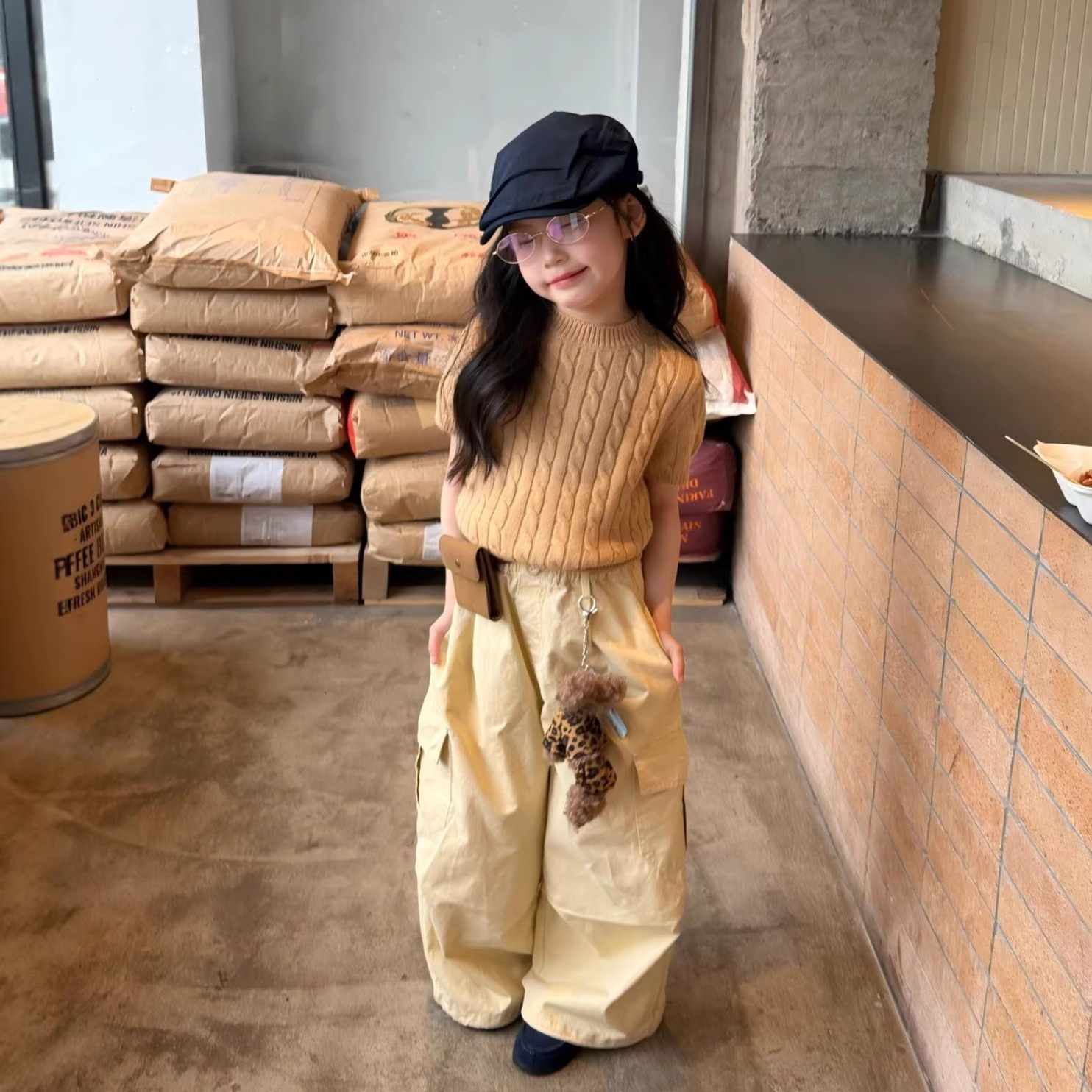 韩国童装26春季新款女童麻花毛衣短袖波点针织T恤休闲工装裤套装