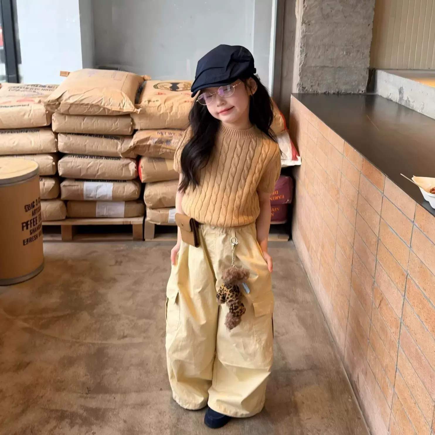 韩国童装26春季新款女童麻花毛衣短袖波点针织T恤休闲工装裤套装