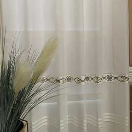 良作/3.1米门幅/中式风格云朵刺绣横条提花高品窗纱格子十字麻纱