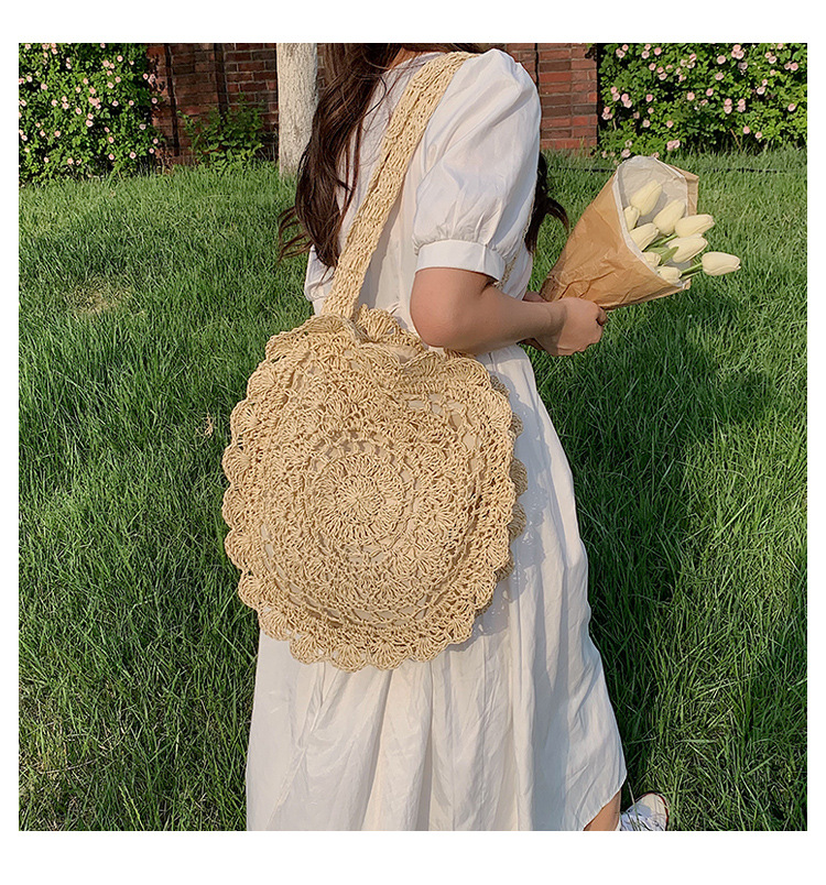 Versione coreana tessuta 2024 nuovo rotondo alla moda corda di carta uncinetto erba borsa tessuta borsa da spiaggia per le vacanze per il tempo libero borsa da donna tessuta_voghion.com