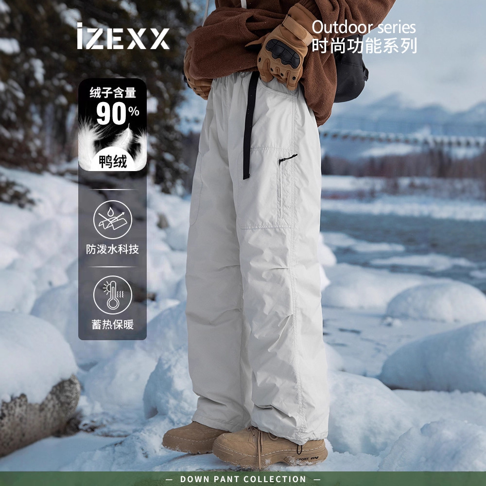 Izexx Trendy Brand Workwear down Pants Men's Outer Wear Winter Warm Straight Windproof Hiking Pants Casual Couple Pants
