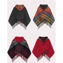 2025秋冬新款格子围巾纽扣斗篷围巾女冬季高级感羊毛红色披肩批发