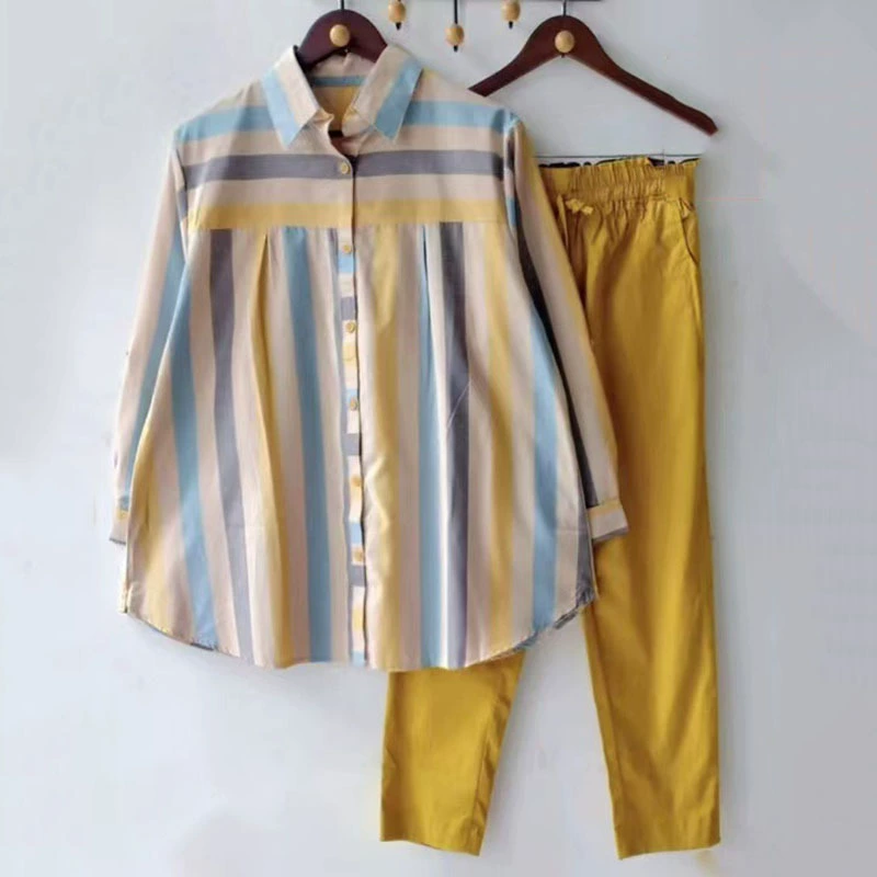 Amazon трансграничная весна и осень большой размер свободный толстый MM в полоску POLO воротник с длинным рукавом модный спортивный набор из двух частей