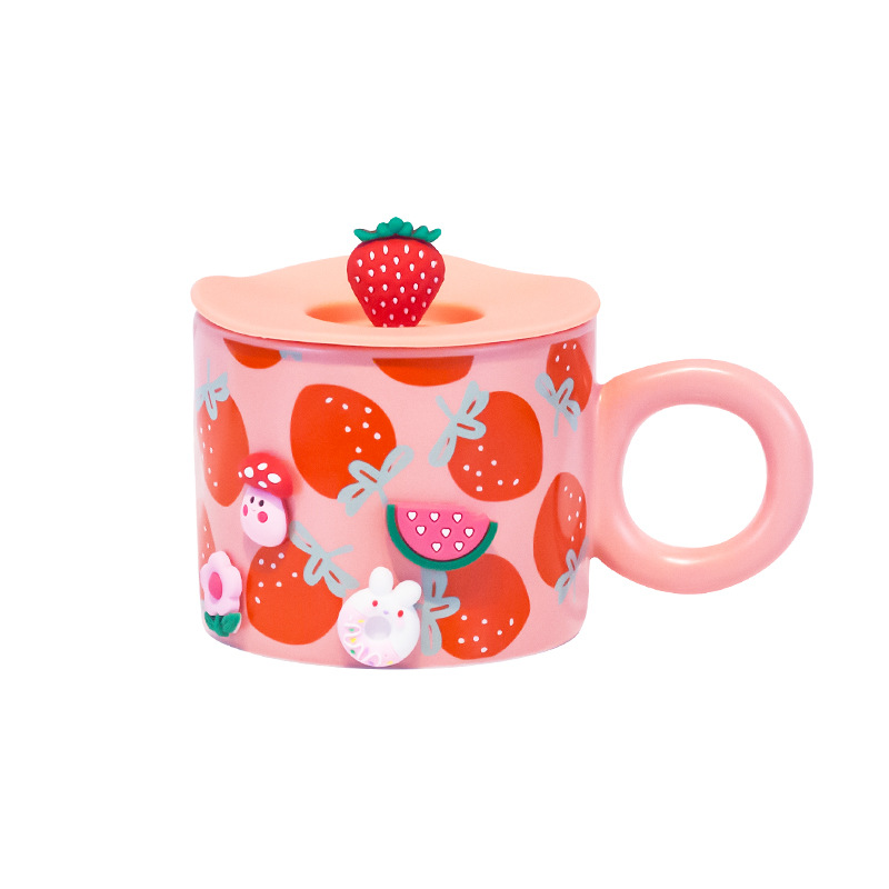 Fruta creativa Linda taza de cerámica taza de consumo doméstico con tapa cuchara taza de verano taza de café de la oficina