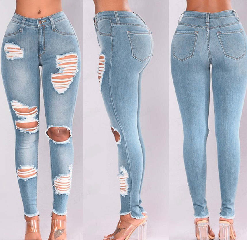Cross-border supply European and American foreign trade high waist lift hip elastic small feet ripped pencil jeans women