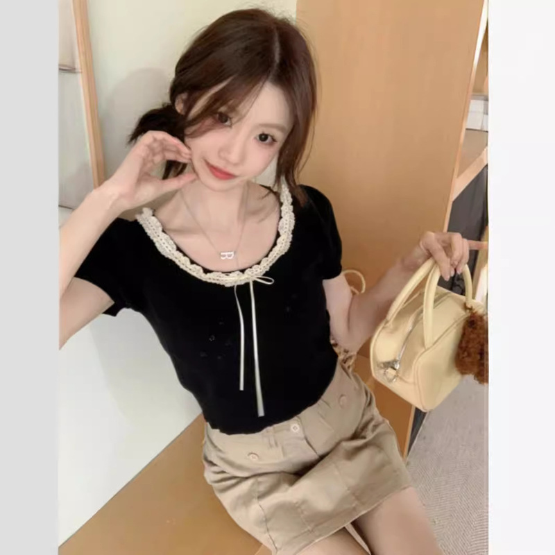 2025 Summer New Lace Hollow Bow Knit Short Sleeve T-Shirt Women's Sweet Slim Fit Student Top Trendy