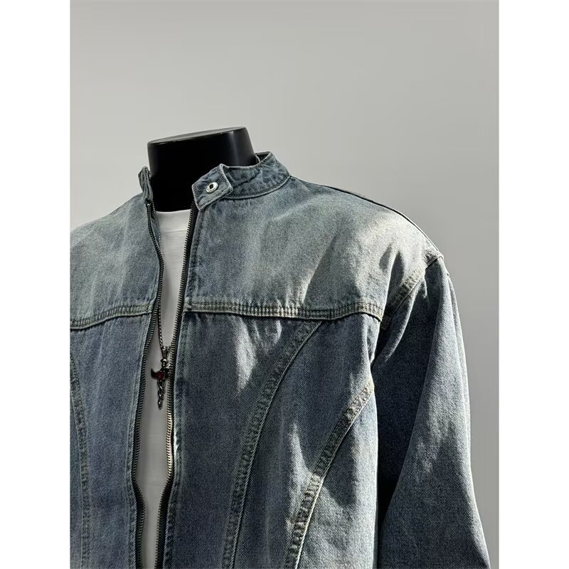 Washed Denim Jacket, Men's Casual Stand Up Collar Versatile Workwear Jacket, Vintage Top_voghion.com