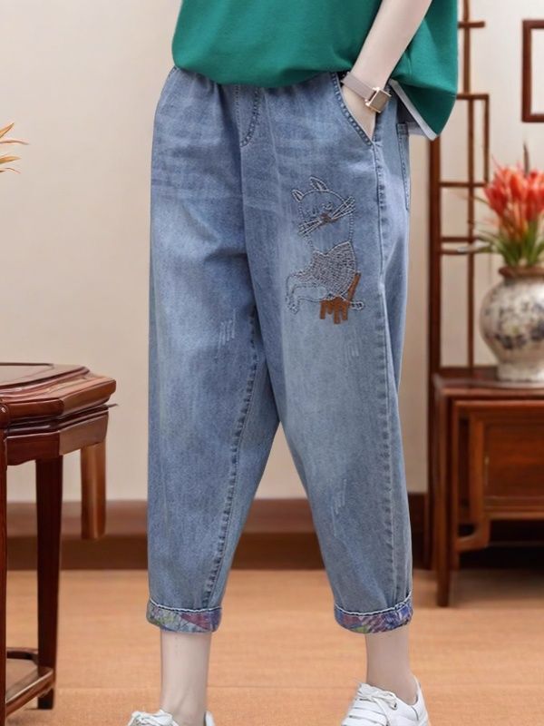 Fashionable Casual Women's Jeans, Summer Thin Style, Elastic Waist, Vintage Embroidery, Loose High-Waisted Straight-Leg Cropped Harem Pants