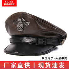真皮平顶帽子男学生帽女船长帽潮春秋冬海盗水手帽牛皮时尚机车帽