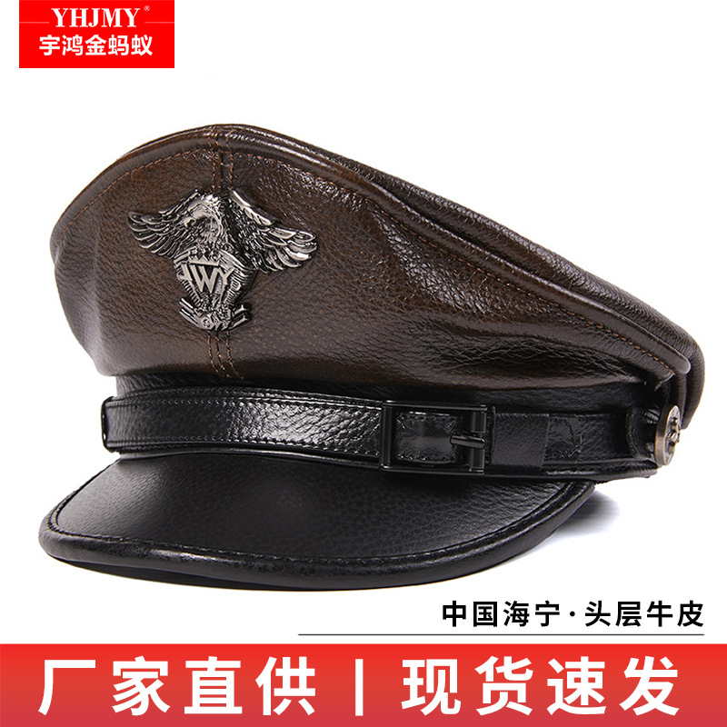 真皮平顶帽子男学生帽女船长帽潮春秋冬海盗水手帽牛皮时尚机车帽