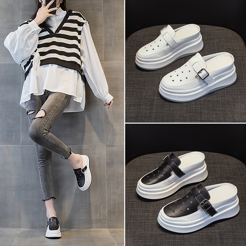 Baotou Half-Slippers for Women, Summer Casual Thick-Soled Platform Outdoor Soft-Soled High-Heeled 2026 New Style Hollow-Out Sandals, White