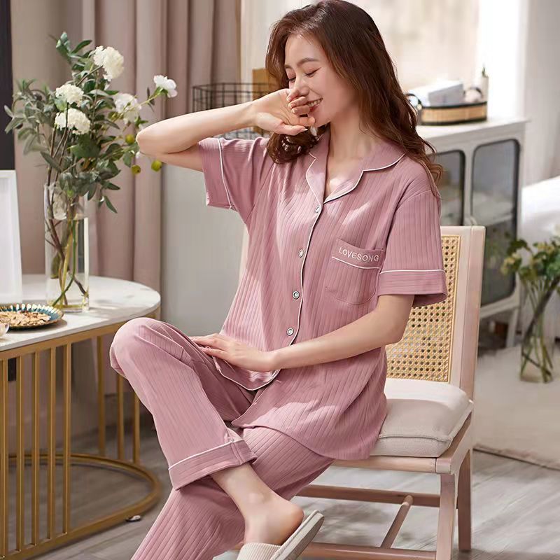 Pijamas pantalones de manga corta de algodón de verano de las mujeres traje de ropa para el hogar primavera y otoño Chaqueta de punto de las mujeres de la solapa delgada se puede usar fuera