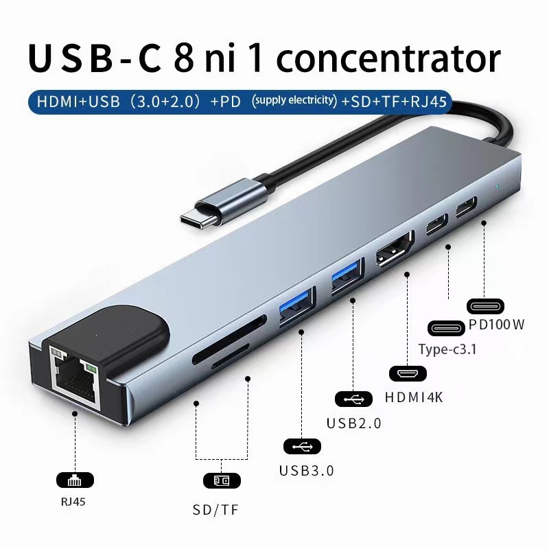 Ocho en uno tipo-c docking multifunción divisor de línea para puerto de red de computadora móvil HDMI hub USB docking image 3