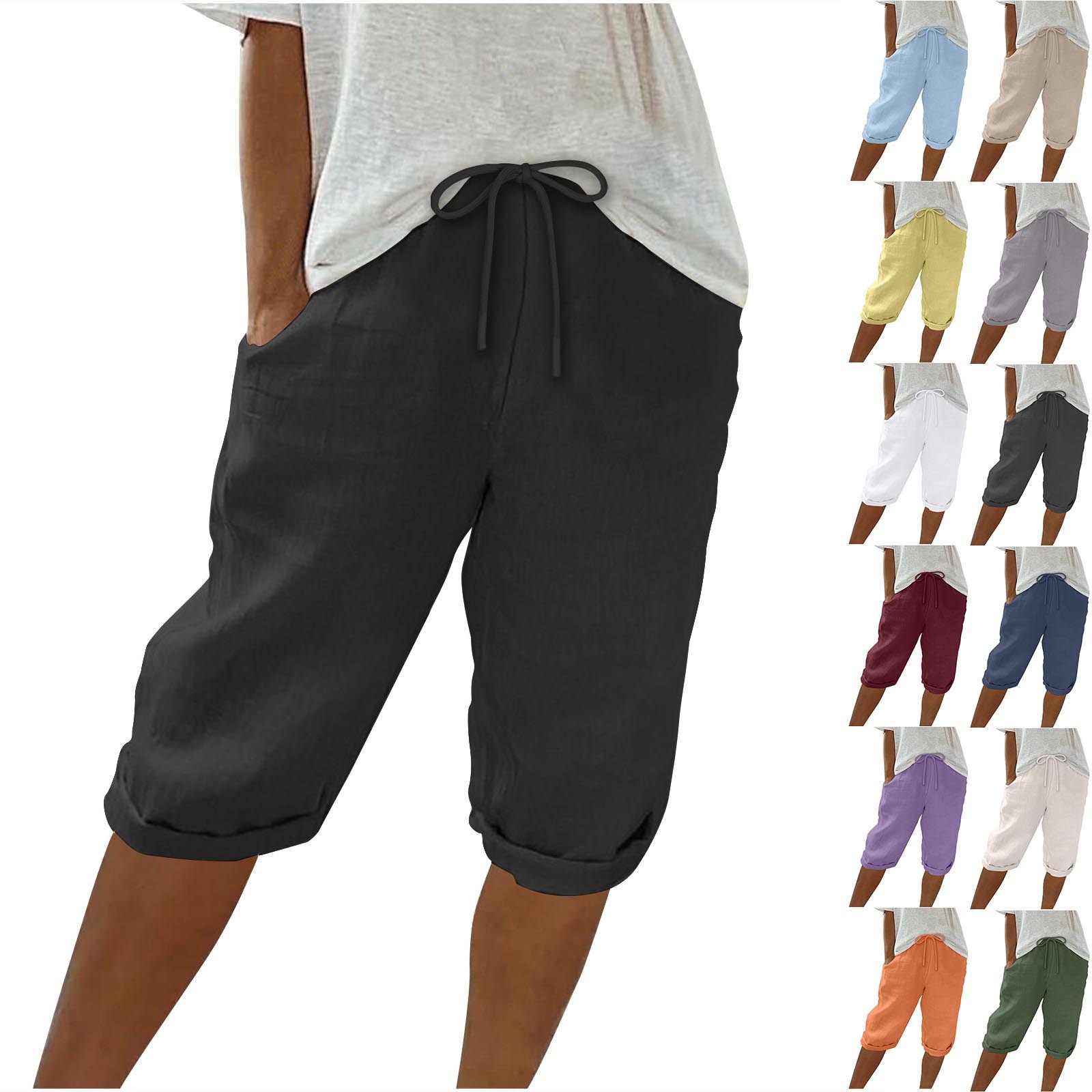 Women's Cotton Linen Casual Pants With Pockets Elastic Waist Five Point Khaki Style_ecoleips.com