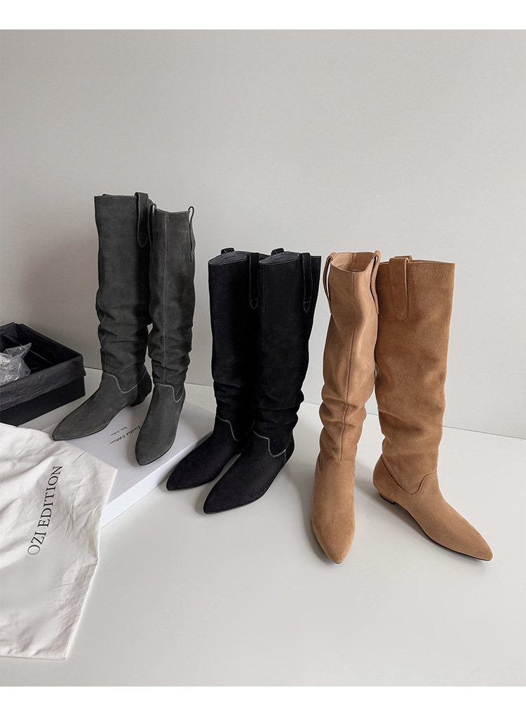 Boot nữ cổ thấp mũi nhọn gót thấp ống xếp ly chất da lộn — màu đen, màu xám, màu mơ chi tiết 30