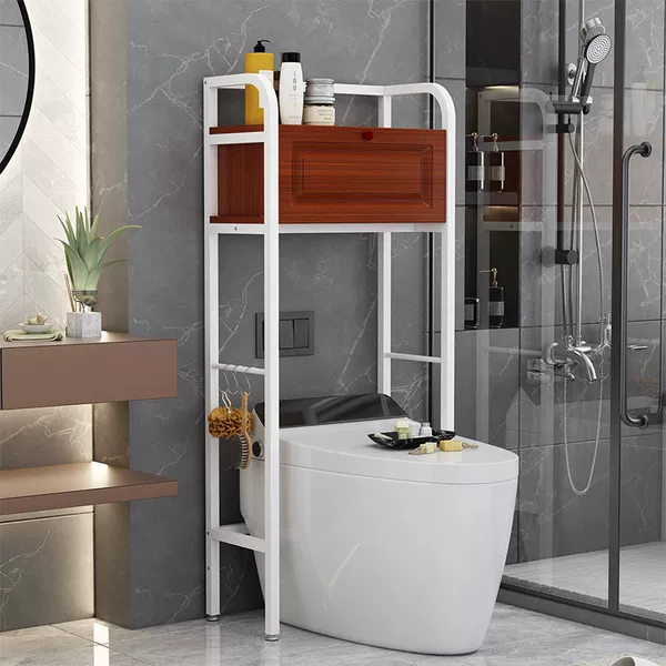 White frame + teak board-toilet frame two layers with cabinet (150 high)