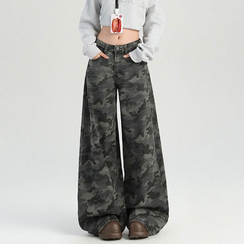 Plus-Size Wide-Leg Camouflage Jeans for Women, High-Waisted Loose-Fitting Floor-Length Straight Pants for Pear-Shaped Body